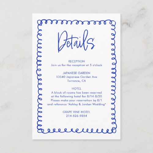 Hand Drawn Blue French Retro Wedding Details Enclosure Card