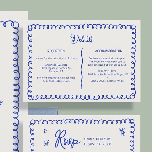 Hand Drawn Blue French Retro Wedding Details Enclosure Card
