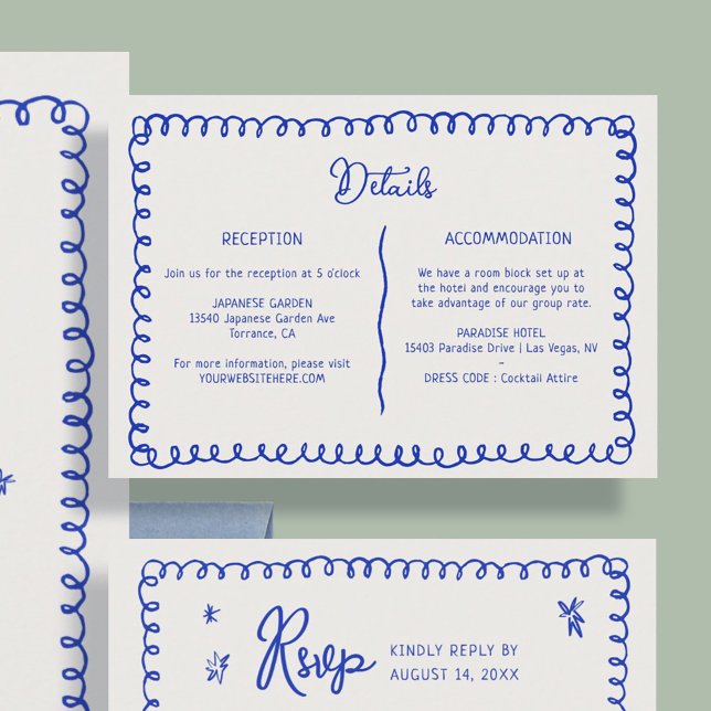 Hand Drawn Blue French Retro Wedding Details Enclosure Card (Creator Uploaded)