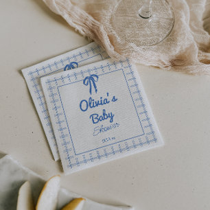 Hand Drawn Blue Gingham Bow Baby Boy Shower Napkins