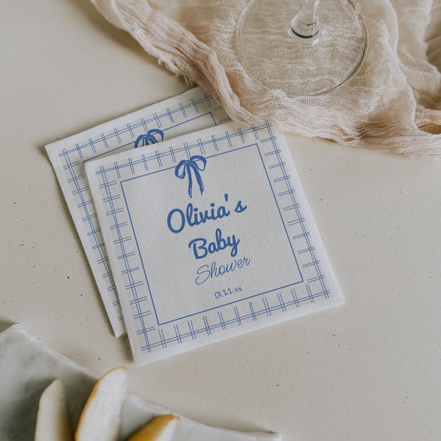 Hand Drawn Blue Gingham Bow Baby Boy Shower  Napkins (Creator Uploaded)