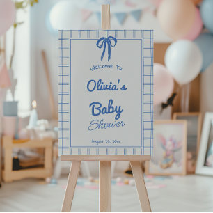 Hand Drawn Blue Gingham Bow Baby Shower Welcome Foam Board
