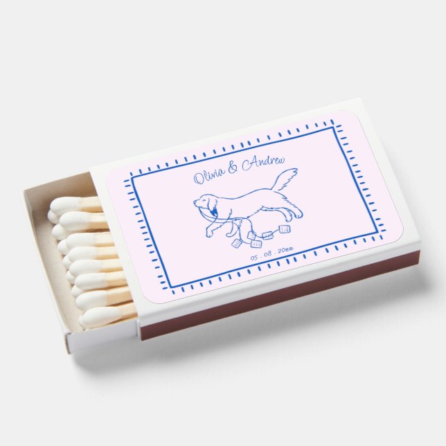 Hand Drawn Blue Golden Retriever Dog Wedding Matchboxes (Front Open)