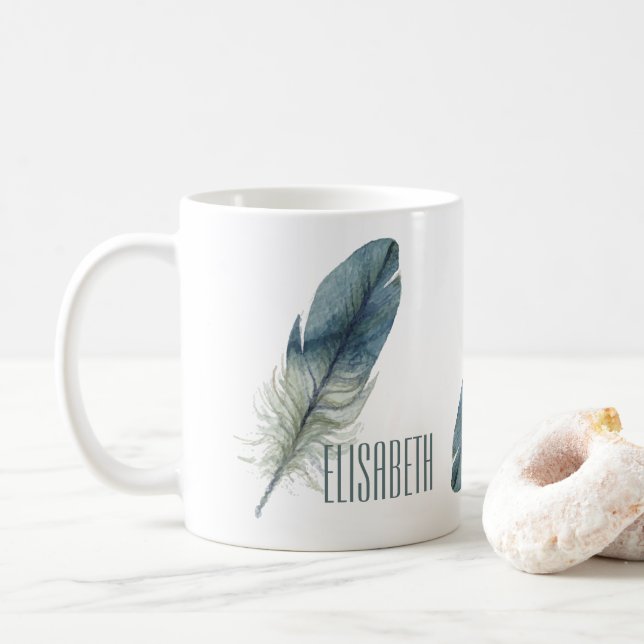 Hand drawn blue gray watercolor feather coffee mug (With Donut)