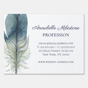 Hand drawn blue gray watercolor feather Medium Sign
