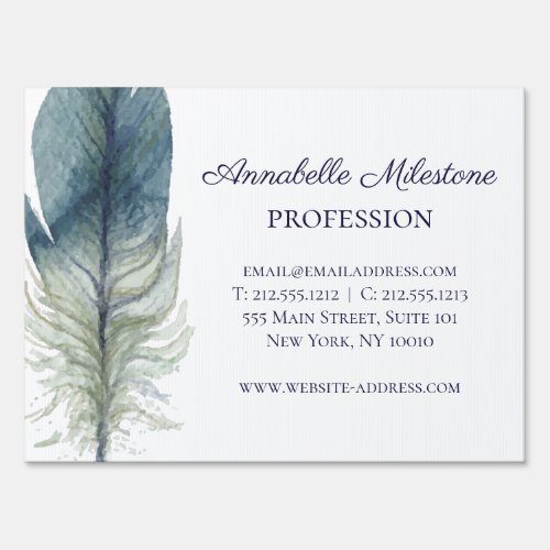 Hand drawn blue gray watercolor feather Medium Sign