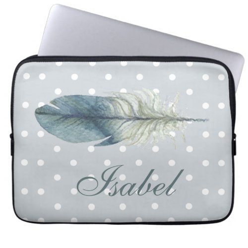 Hand drawn blue gray watercolor feather polka dots laptop sleeve