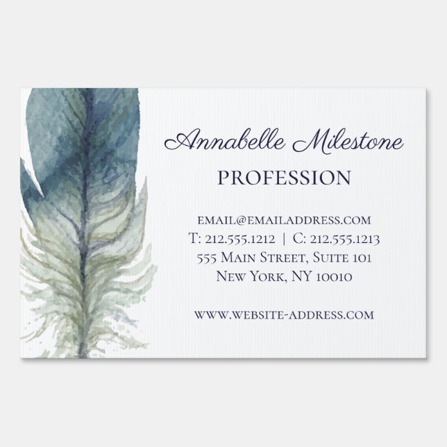 Hand drawn blue gray watercolor feather Small Sign (Back)