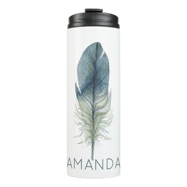 Hand drawn blue gray watercolor feather thermal tumbler (Front)