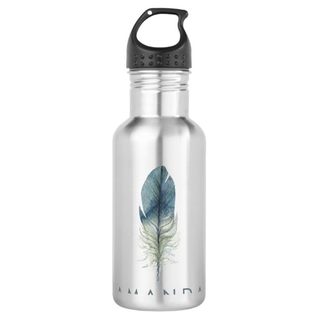 Hand drawn blue gray watercolor feather water bottle (Front)