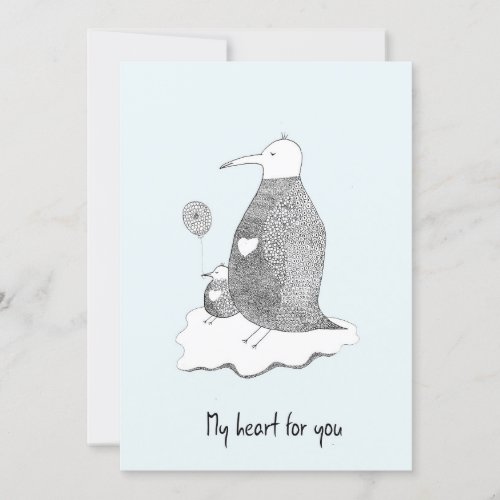 Hand Drawn Blue Greeting Card Penguin Family Heart