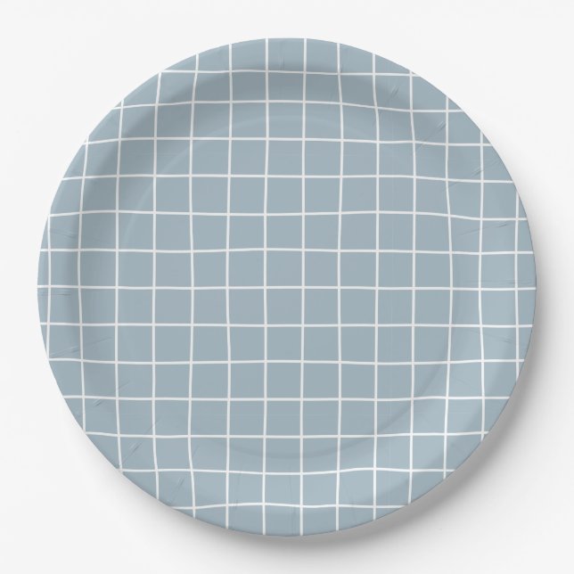 Hand Drawn Blue Grid Pattern Paper Plates (Front)