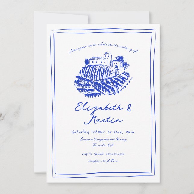 Hand Drawn Blue Italian Vineyard Wedding Invitation (Front)