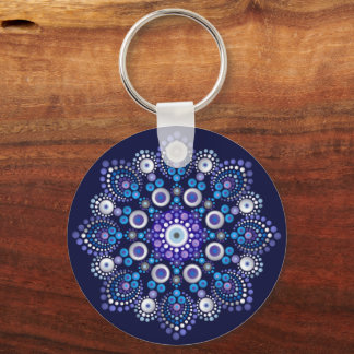 Hand Drawn Blue Jewel Dot Mandala Keychain