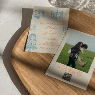 Hand Drawn Blue Orange Photo QR Code Wedding Invitation