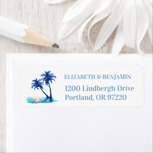 Hand-Drawn Blue Palm Trees Wedding Return Label