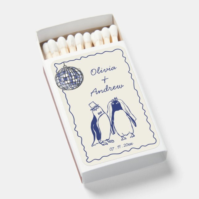 Hand Drawn Blue Penguin Bride and Groom Wedding Matchboxes (Front Open)