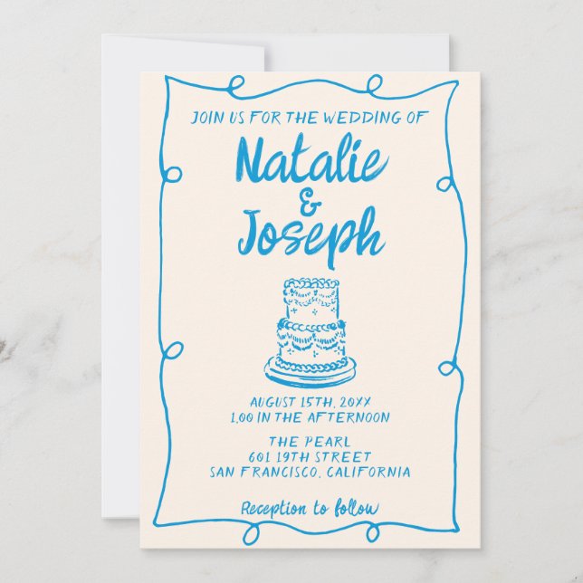 Hand Drawn Blue Quirky Cake Minimal Frame Wedding Invitation (Front)