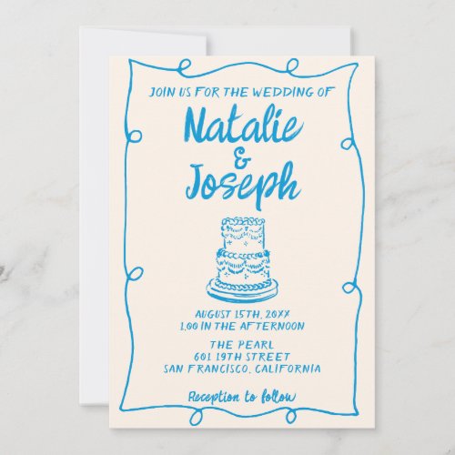 Hand Drawn Blue Quirky Cake Minimal Frame Wedding Invitation