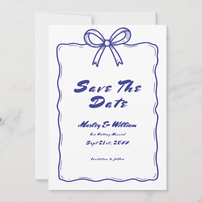 Hand Drawn Blue Quirky Whimsical Funky Wedding Save The Date (Front)
