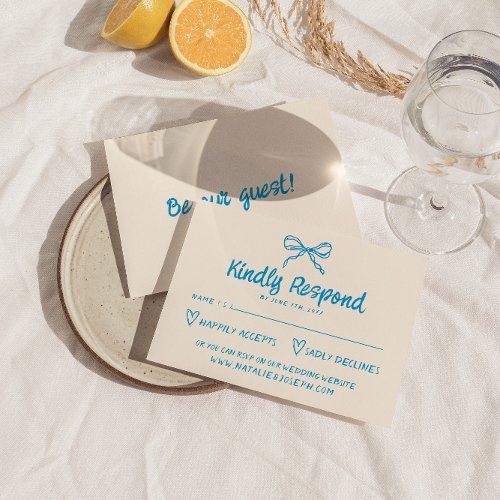 Hand Drawn Blue Retro Bow Modern Wedding     RSVP Card