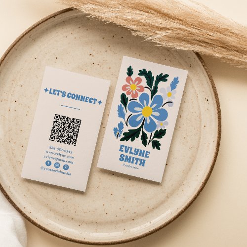 Hand Drawn Blue Retro Groovy QR Code Floral Trendy Business Card