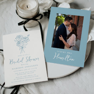 Hand-Drawn Blue Rose Bouquet Photo Bridal Shower Invitation