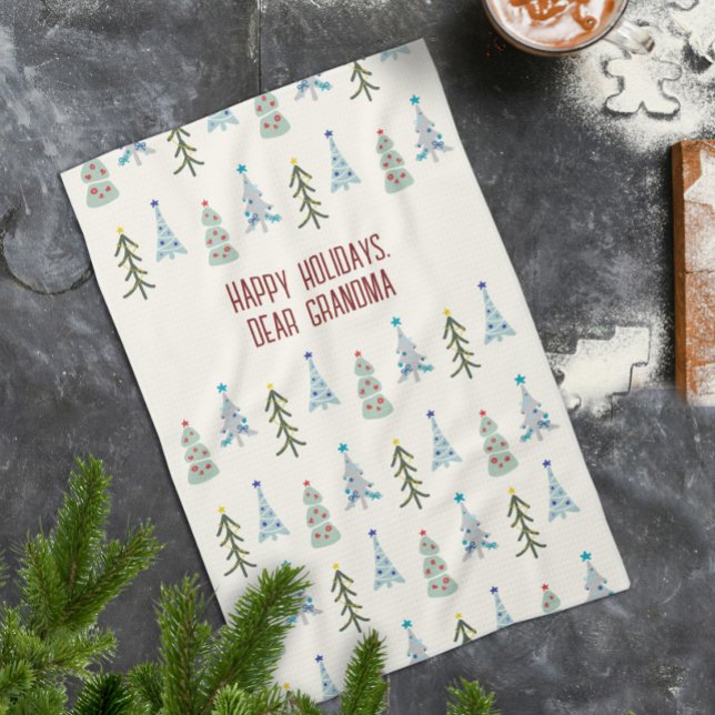 Hand-drawn Blue Scandinavian Christmas trees  Kitchen Towel (Scandinavian Christmas trees kitchen towel, personalize it with your text, gifts for grandparents)