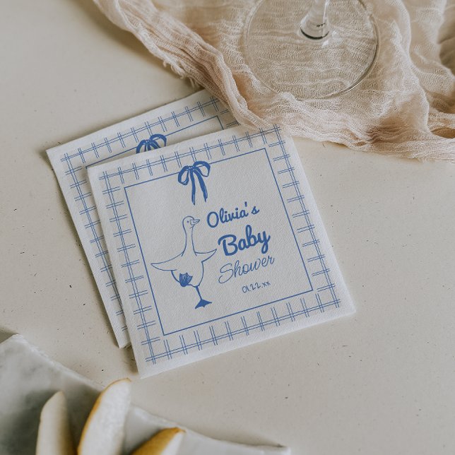 Hand Drawn Blue Silly Goose Ribbon Baby Boy Shower Napkins (Creator Uploaded)