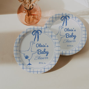 Hand Drawn Blue Silly Goose Ribbon Baby Shower Paper Plates