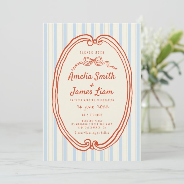 Hand drawn Blue stripes Quirky wedding Invitation (Standing Front)