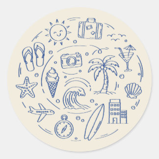Hand-drawn Blue Summer Travel Vacation Doodles Classic Round Sticker
