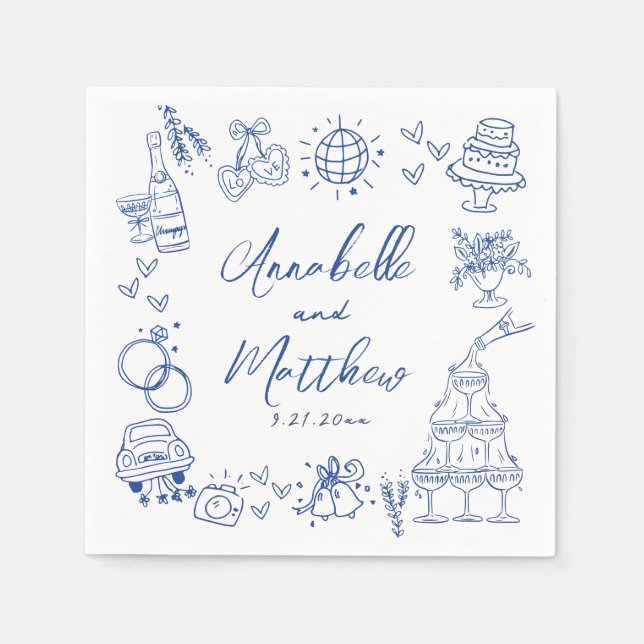 Hand Drawn Blue Whimsical Wedding Napkins (Front)
