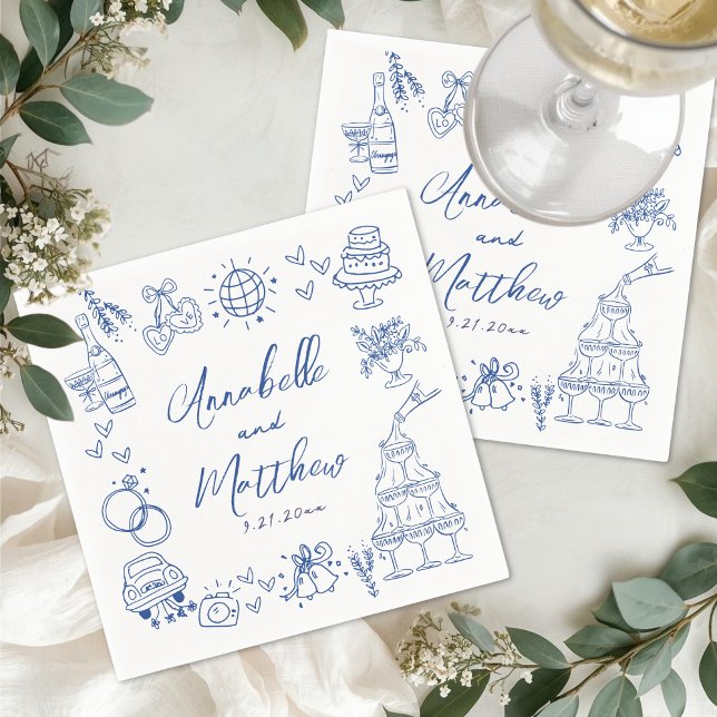 Hand Drawn Blue Whimsical Wedding Napkins (Hand Drawn Blue Whimsical Wedding Napkins)