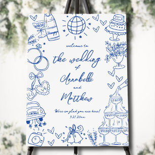 Hand Drawn Blue Whimsical Wedding Welcome Sign