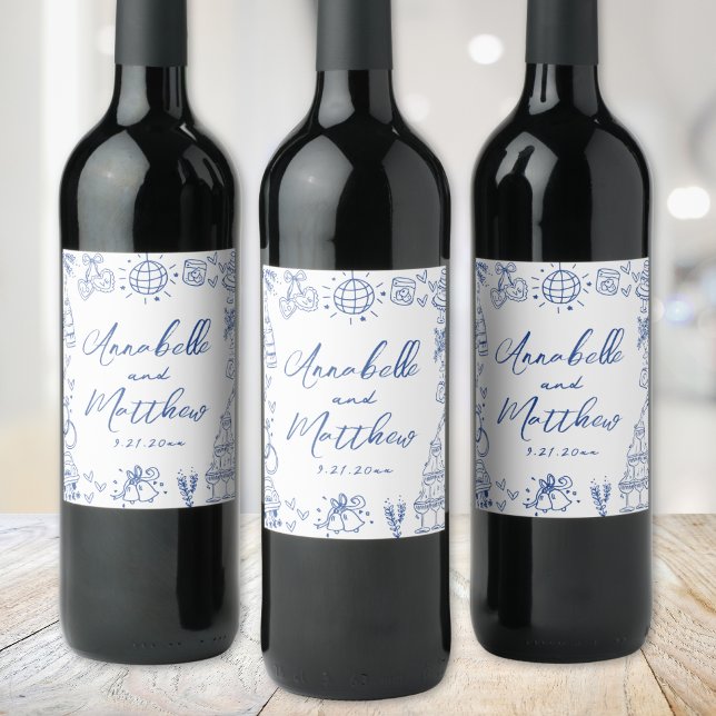 Hand Drawn Blue Whimsical Wedding Wine Label (Hand Drawn Blue Whimsical Wedding Wine Label )