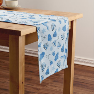 Hand Drawn Blue Winter Pattern Table Runner