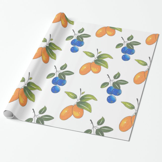 Hand Drawn Blueberries and Kumquats Pattern Wrapping Paper (Unrolled)