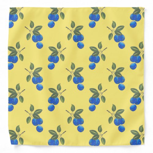 Hand Drawn Blueberries Pattern 3 Yellow Background Bandana