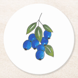 Hand Drawn Blueberries Round Paper Coaster