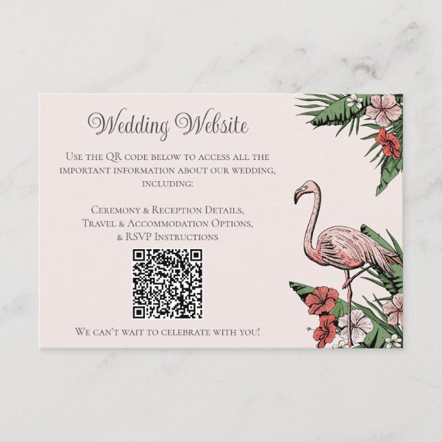 Hand-Drawn Blush Flamingo Tropical Wedding QR Card (Front)