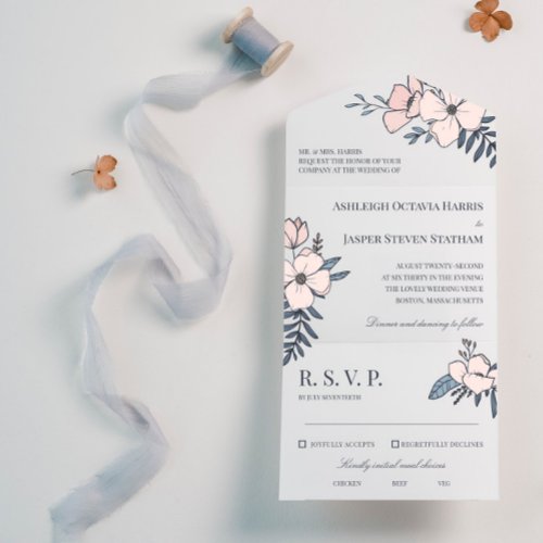 Hand Drawn Blush  Navy Flowers Wedding All In One Invitation