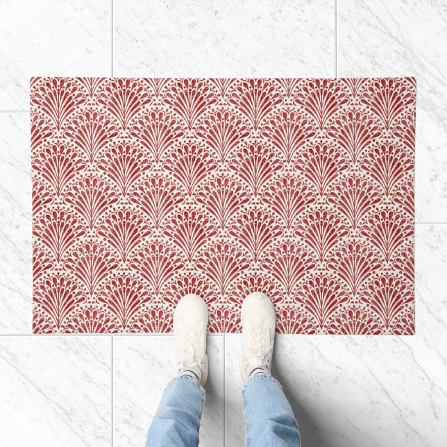 Hand Drawn Bohemian Scallops, Red on Cream Doormat (Indoor)