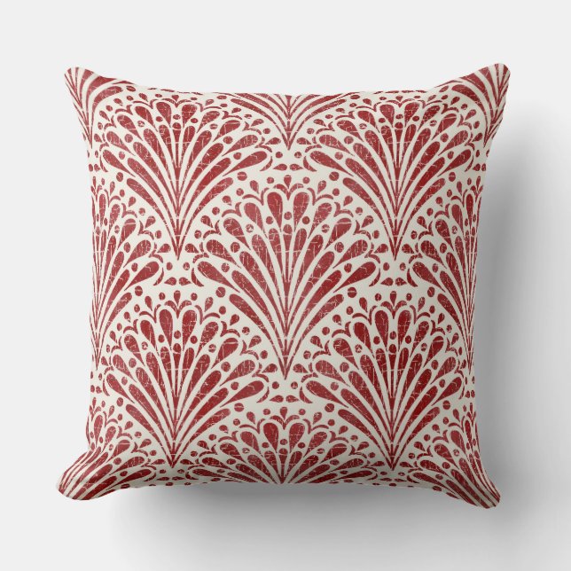 Hand Drawn Bohemian Scallops, Red on Cream Throw Pillow (Front)