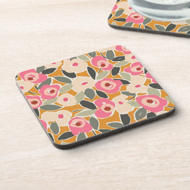 Hand-Drawn Bold Inky Floral Pattern- Sunlit Meadow Beverage Coaster (Left Side)