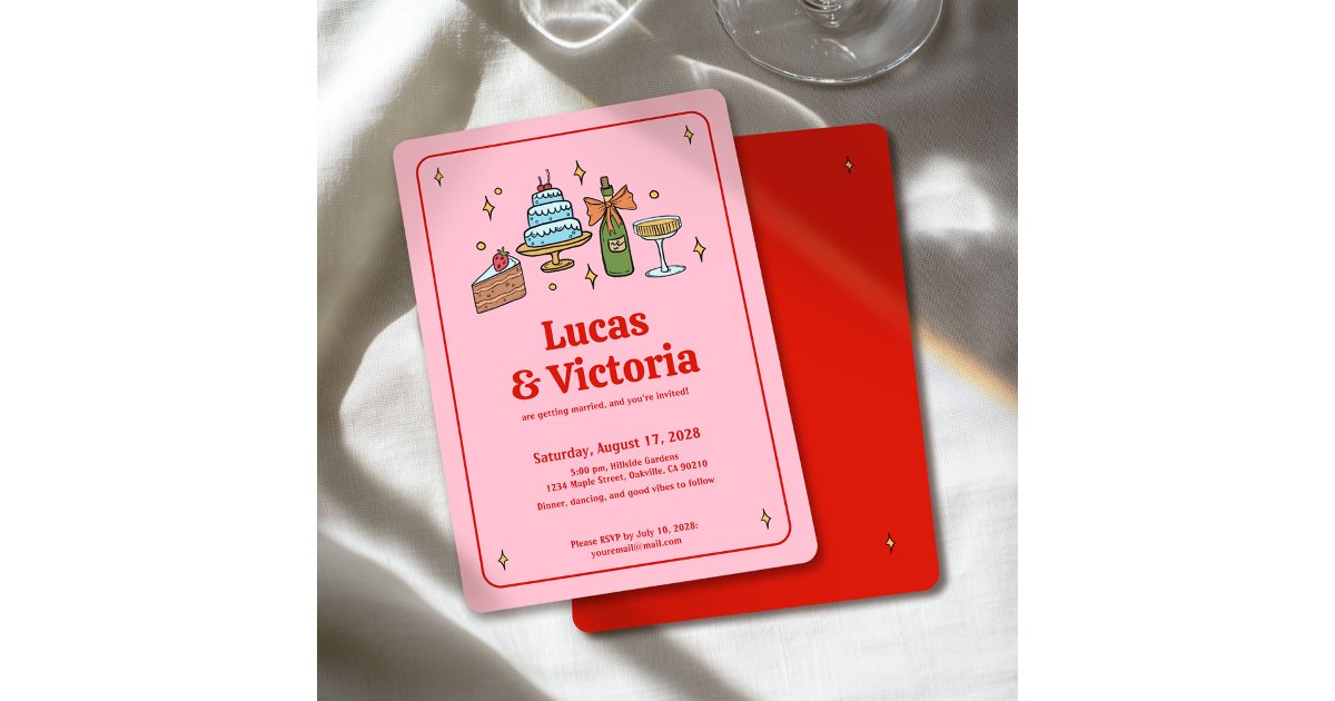 Hand Drawn Bold Red and Pink Whimsical Wedding Invitation | Zazzle