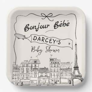 Hand Drawn Bonjour Bebe French Baby Shower Paper Plates