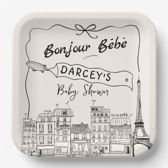   Hand Drawn Bonjour Bebe French Baby Shower Paper Plates (Front)
