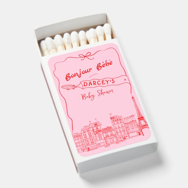   Hand Drawn Bonjour French Baby Shower Favors Matchboxes (Front Open)