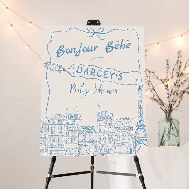 Hand Drawn Bonjour French Blue Baby Welcome Sign (In Situ (Stand))